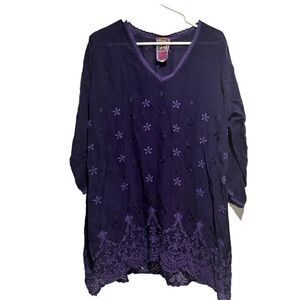 Johnny Was Blouse Top Medium Floral Embroidered Eyelet Purple 3/4‎ Sleeve V-Neck